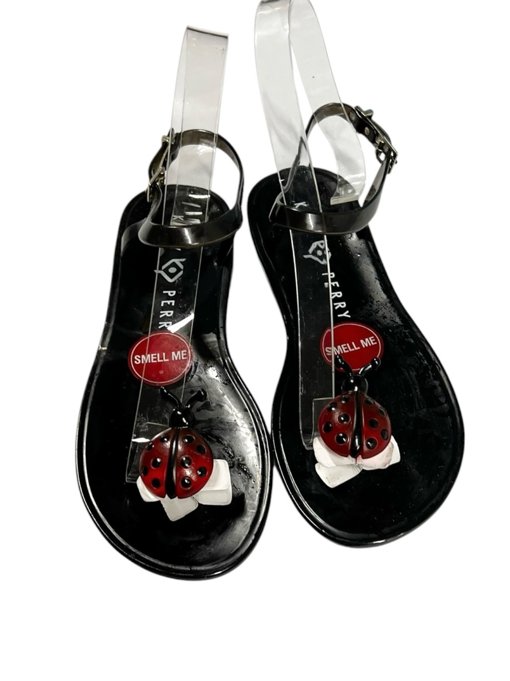 🐞NEW NWOT Katy Perry Geli Ladybug Sandals Black Jelly Ankle Strap Sandal Size 5